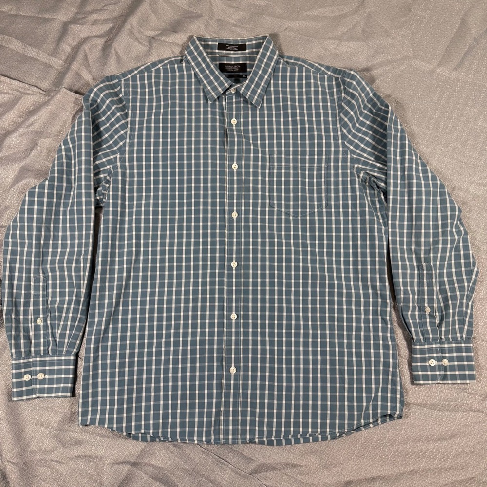 Nordstrom Men Shop Shirt Mens XL Blue Plaid Trim Fit Cotton Button Down LS